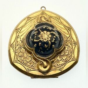 Antique Gold Tone Floral Design Locket Black Cabochon Center Gold Painted Design